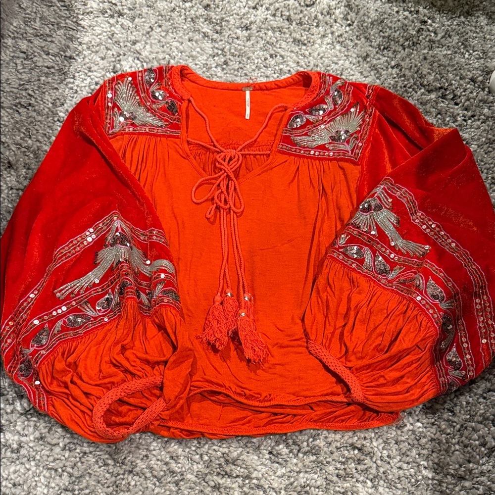 Free People Red and Orange Embroidered Blouse
